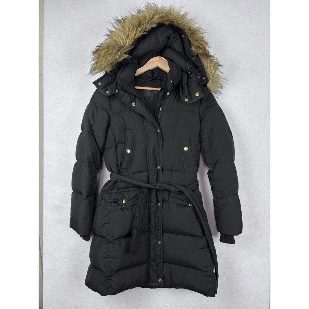 J.CREW PXS Black Puffer Parka Down Faux Fur Hood Belted Winter Coat
